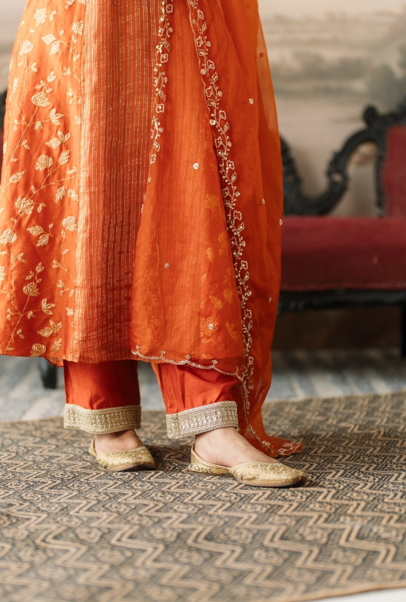 Orange Banarsi Stripe Gulbano Anarkali Set