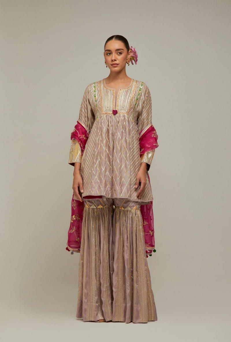 Lavender Short Choga Gota Work Mehreen Sharara Set