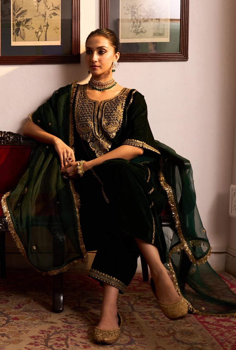 Bottle Green Choga Style Panneled Dilbar Kurta Set