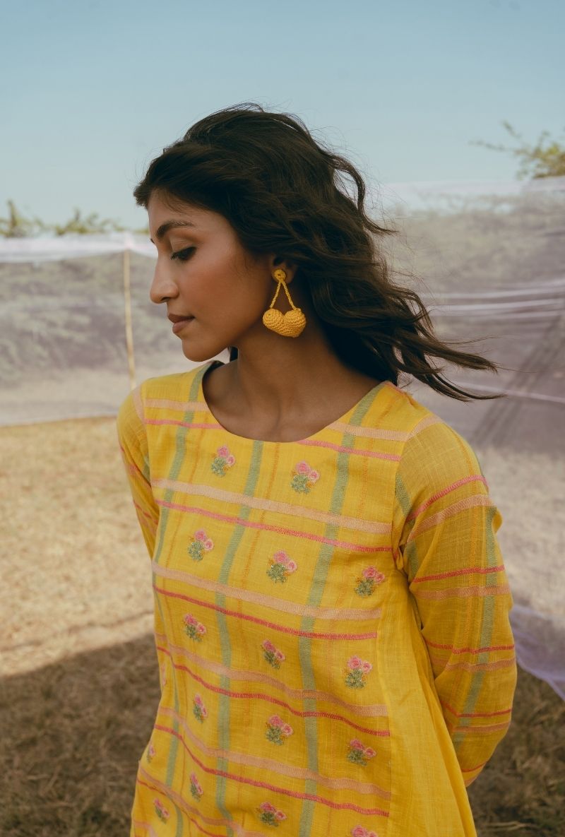 Yellow Madras Checks and Floral Motifs Barfi Kurta Set