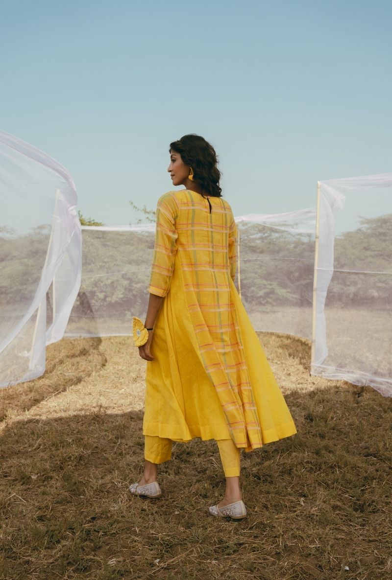 Yellow Madras Checks and Floral Motifs Barfi Kurta Set