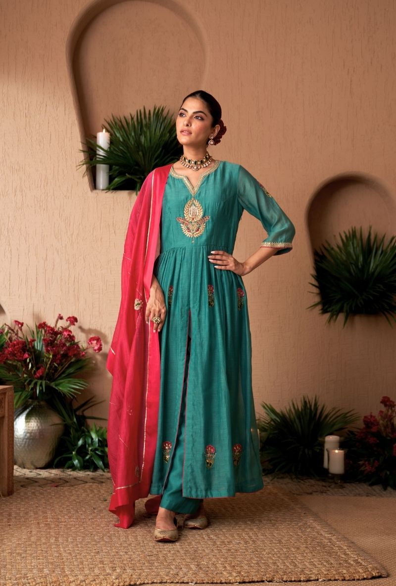 Blue Front Slit Naveli Anarkali Set