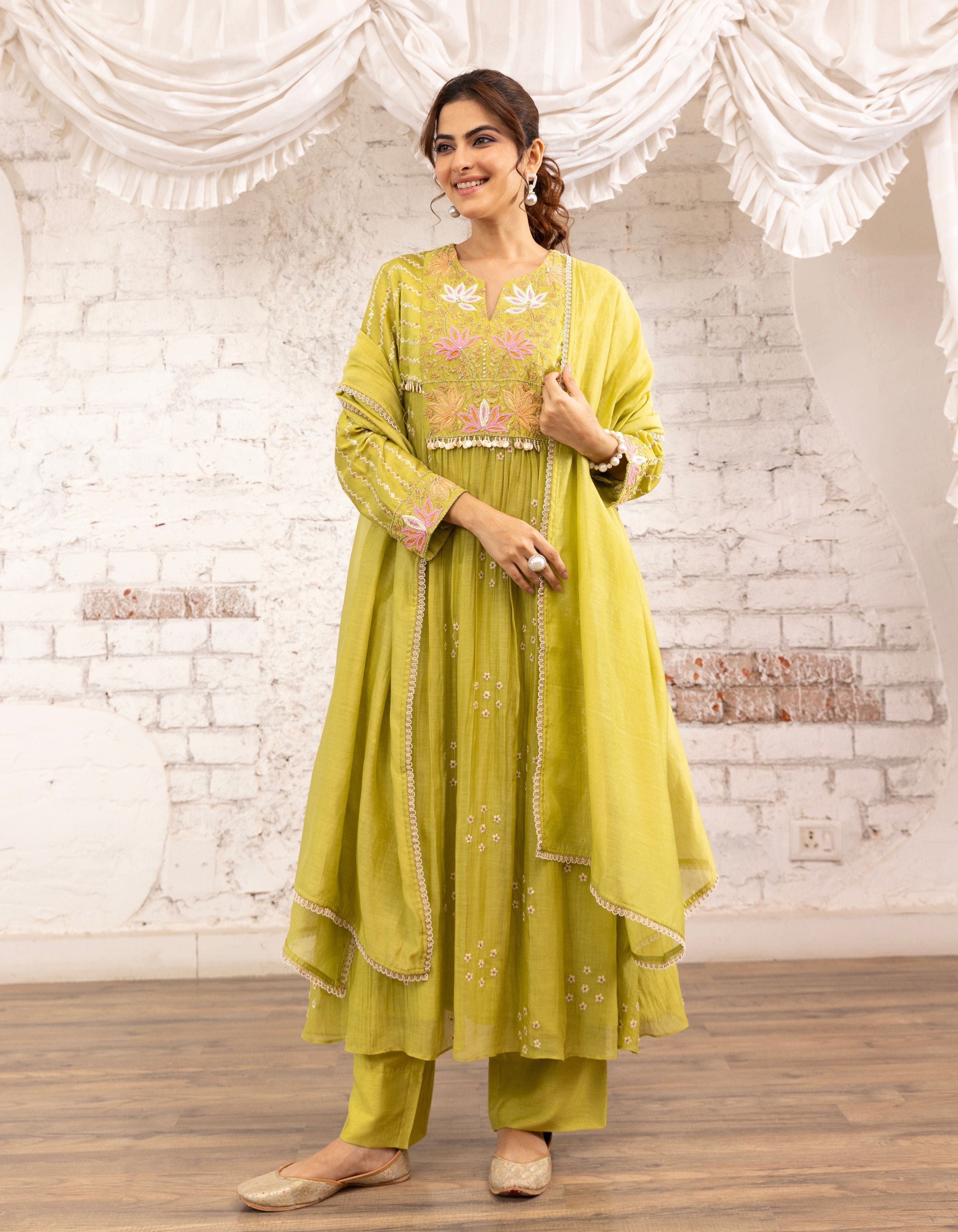 Green Lotus Yoke Noor Anarkali Kurta Set