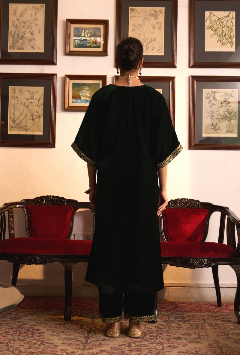 Bottle Green Choga Style Panneled Dilbar Kurta Set