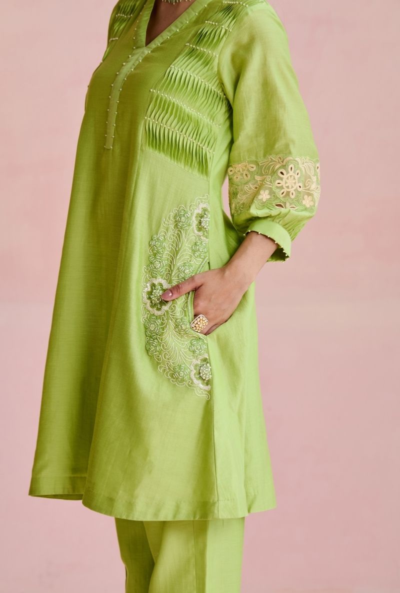 Light Green Fine Pleated Smocking Amara Kurta Set