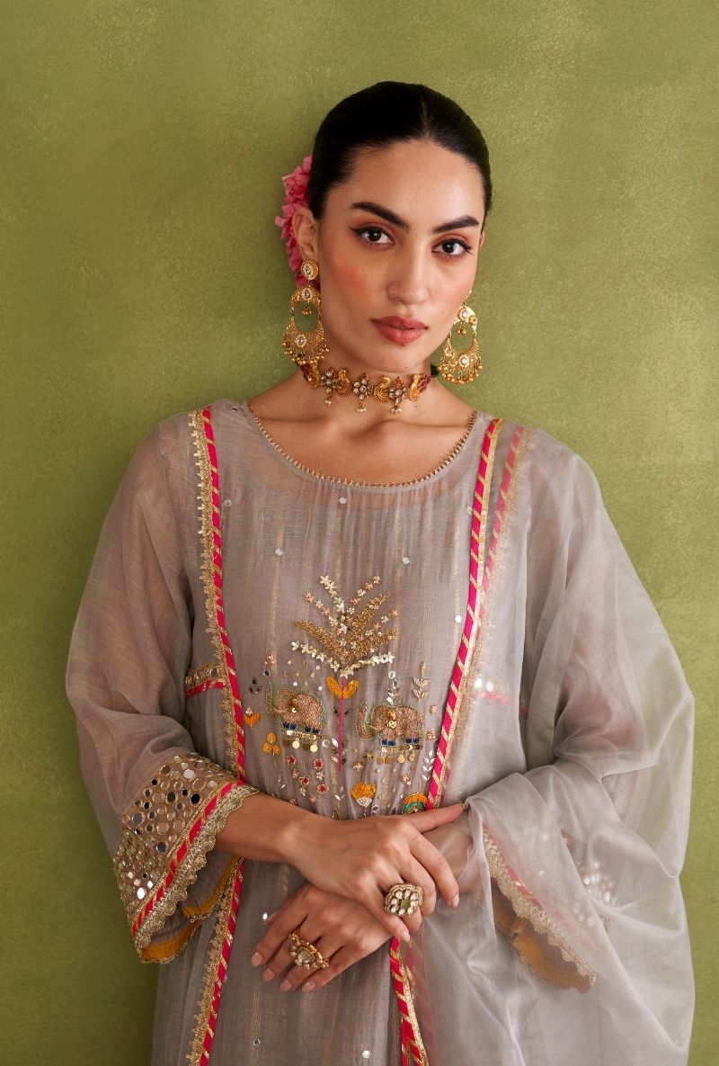 Grey Elephant Motif Morbagh Kurta Set