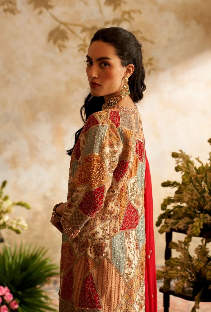 Red Abstract Embroidery Patches Rumi Gharara Set