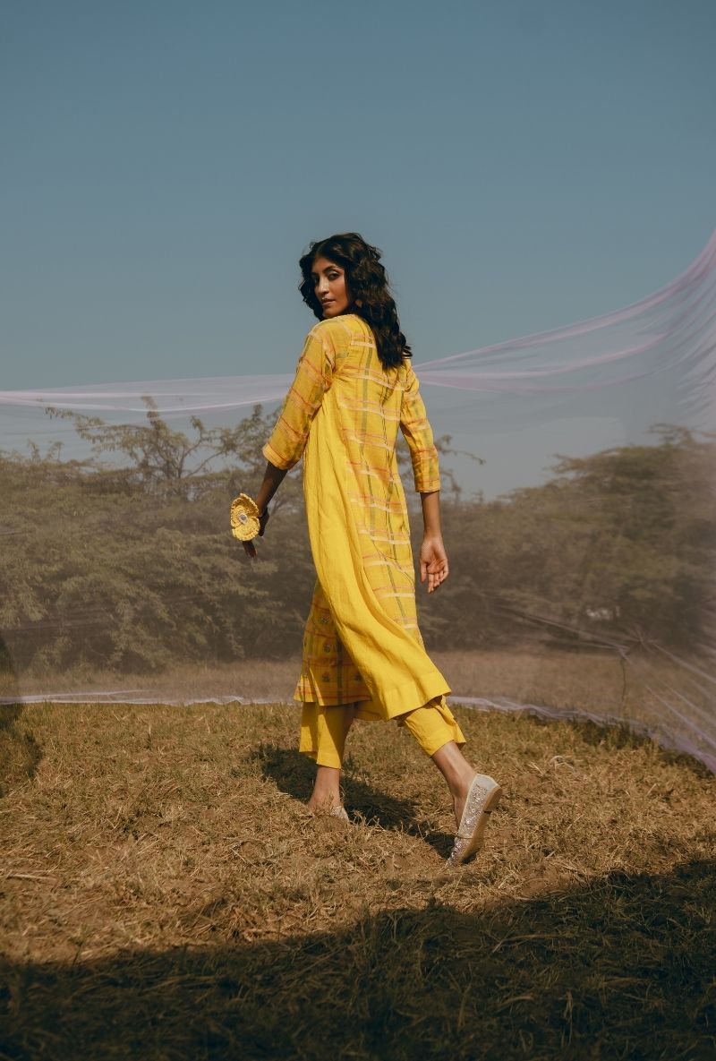 Yellow Madras Checks and Floral Motifs Barfi Kurta Set