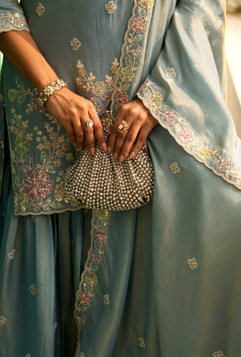 Light Blue Floral Thread Embroidery Nadira Sharara Set