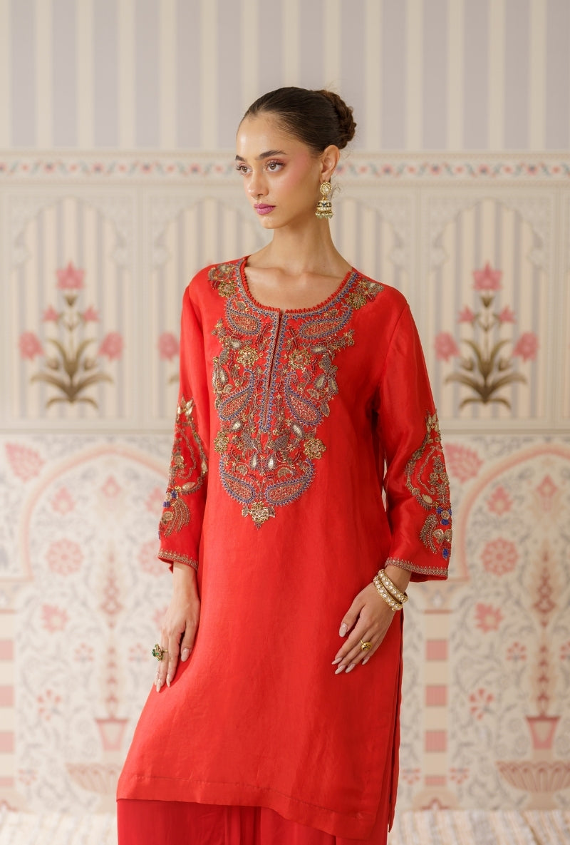Rust Dabka Long Yoke Mallika Kurta Set