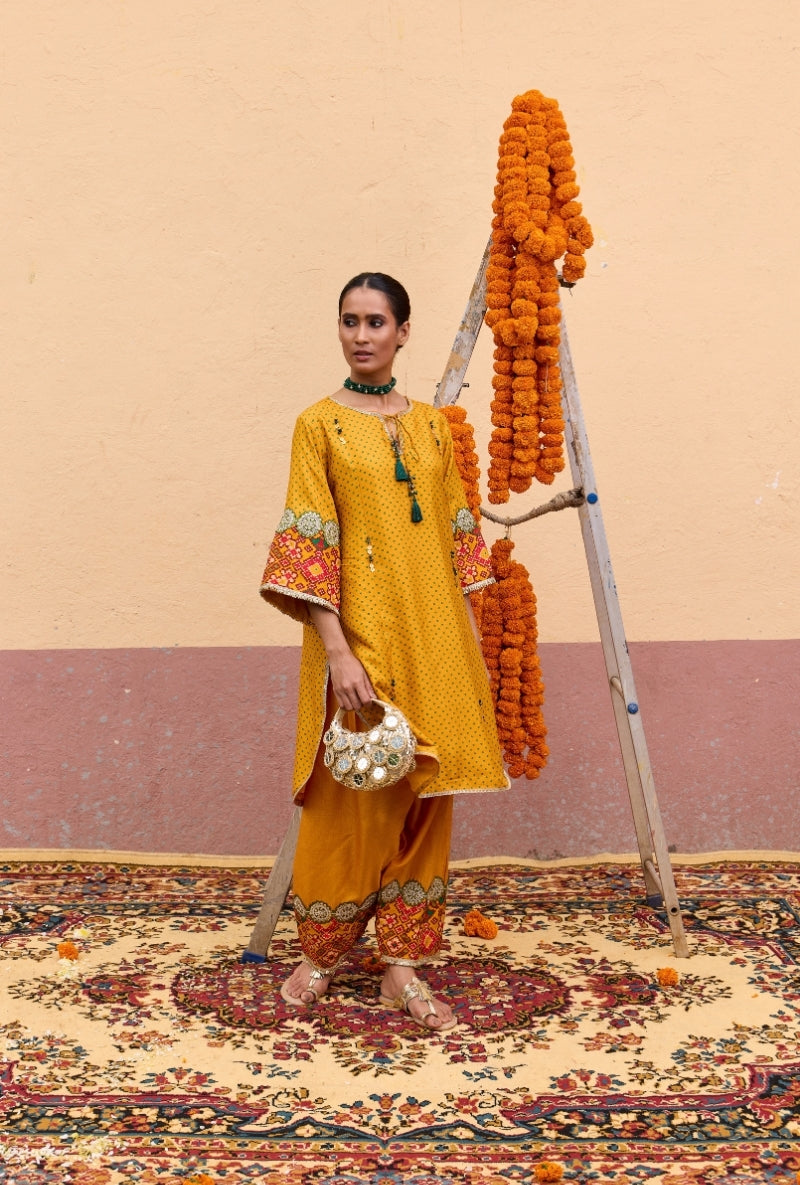 Yellow Bandhni Border Oorja Salwar Set