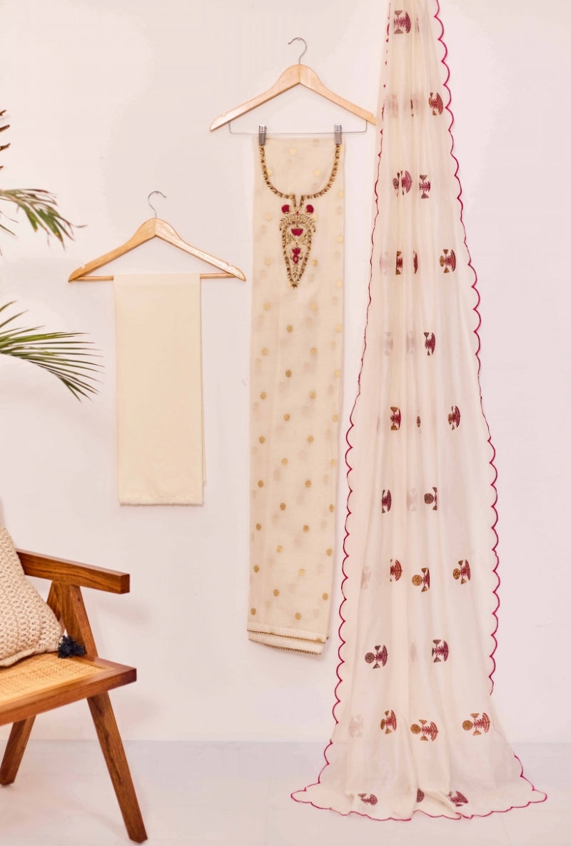Zari And Dabka Embroidered Yoke Unstitched Suit Set
