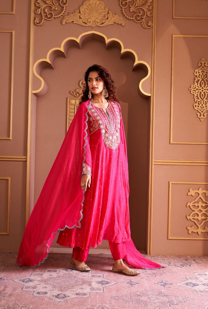 Pink Heavy Yoke Rasia Kurta Set