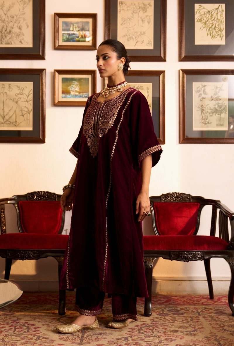 Wine Choga Style Panneled Dilbar Kurta Set