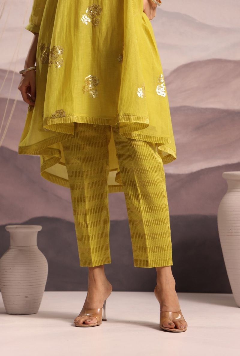 Lime Green Embroidered Chanderi High Low Surily Kurta Set