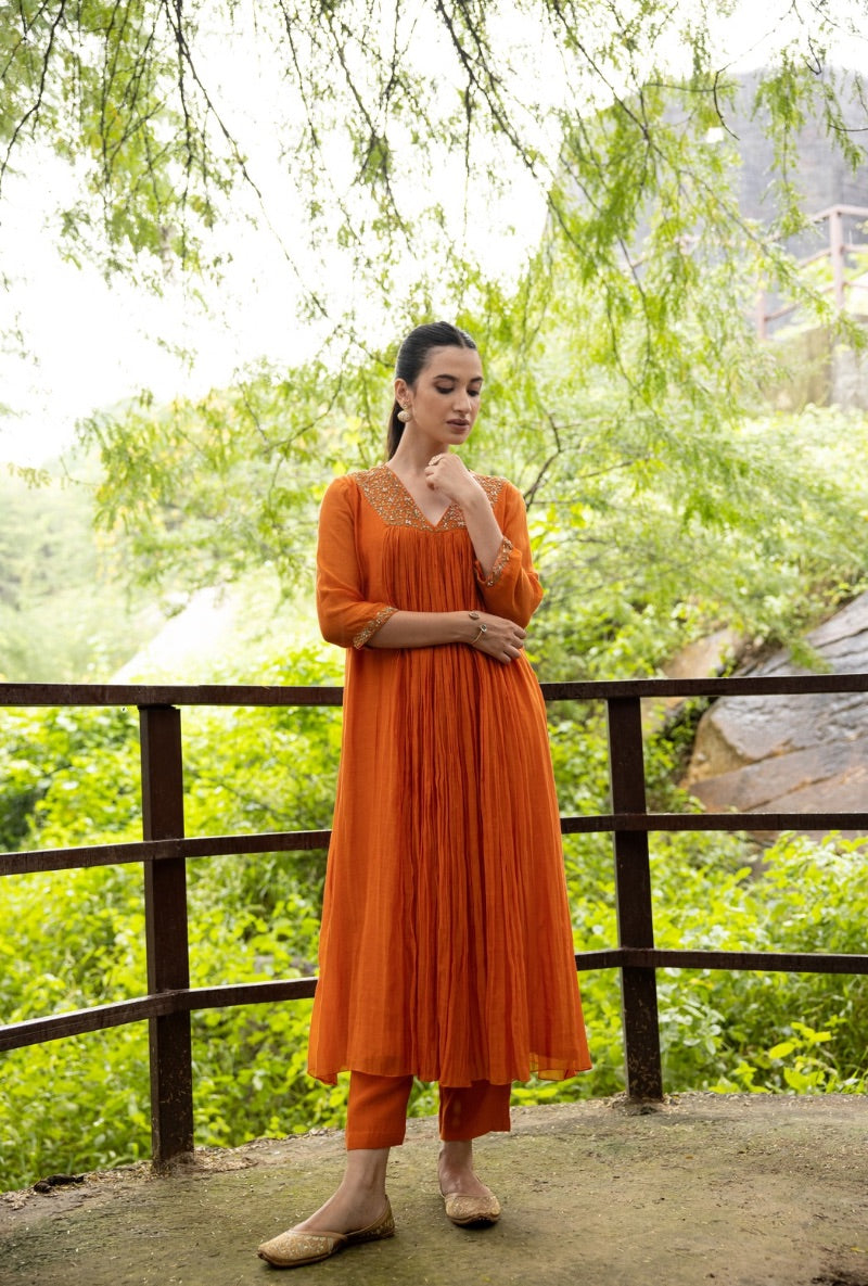 Orange Front Pleat Kurta Set