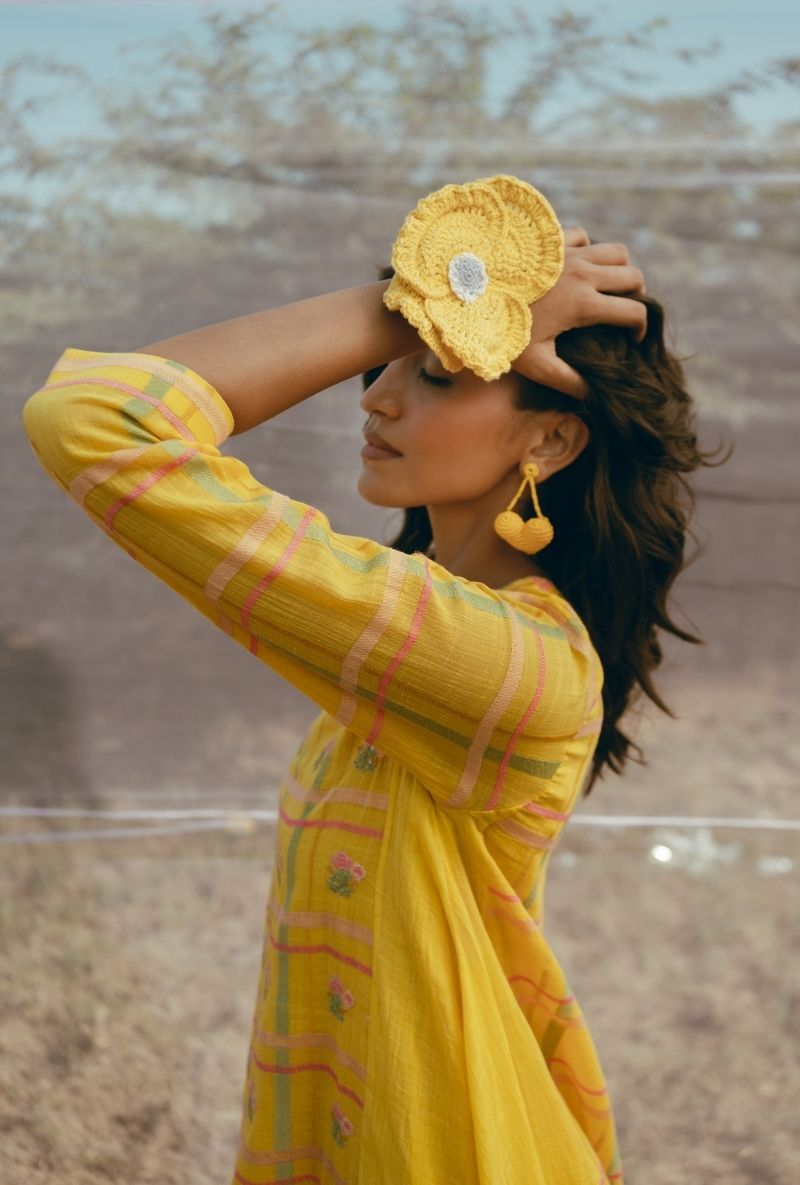 Yellow Madras Checks and Floral Motifs Barfi Kurta Set