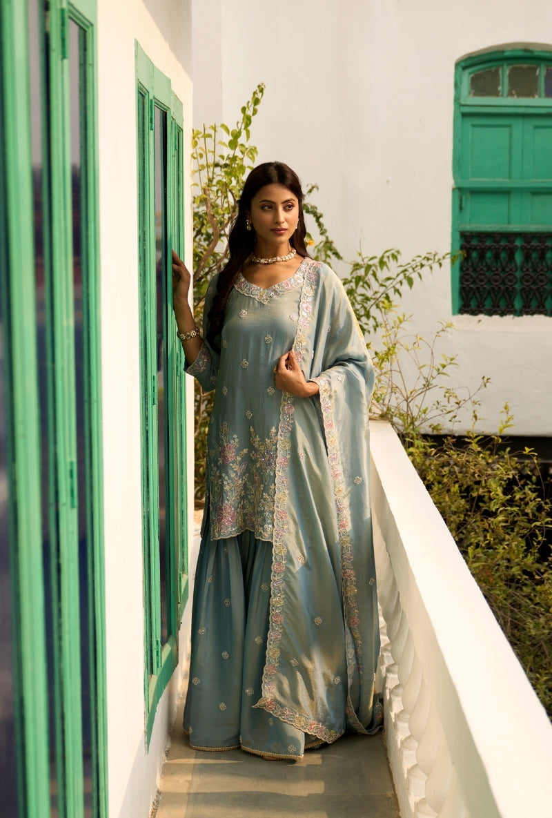 Light Blue Floral Thread Embroidery Nadira Sharara Set