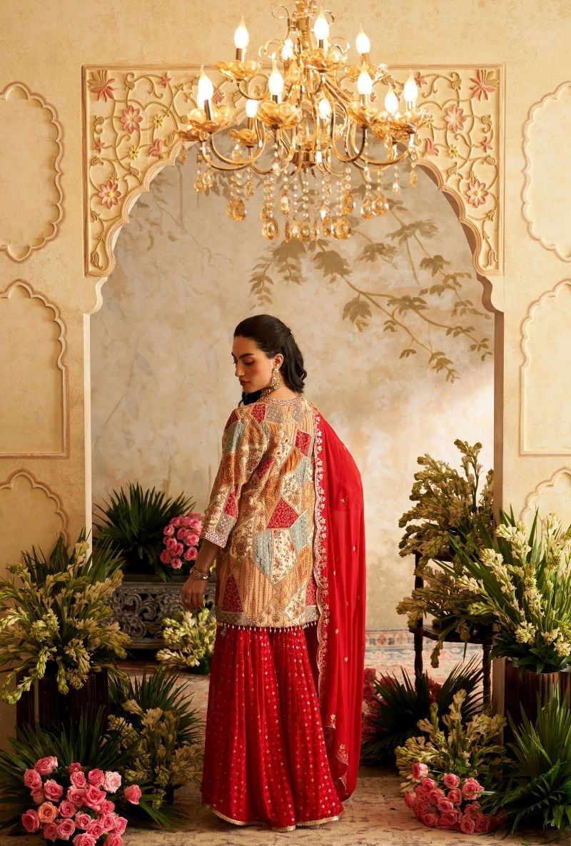 Red Abstract Embroidery Patches Rumi Gharara Set