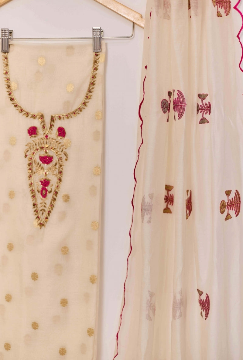 Zari And Dabka Embroidered Yoke Unstitched Suit Set