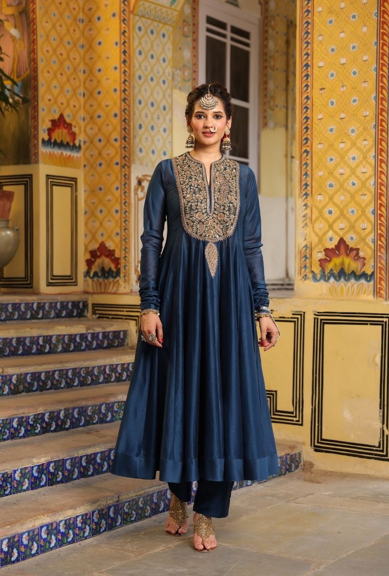 Blue Heavy Yoke Mehfil Anarkali Set