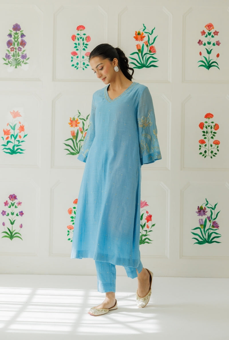 Light Blue Pitta Work Sleeve Baani Kurta Set