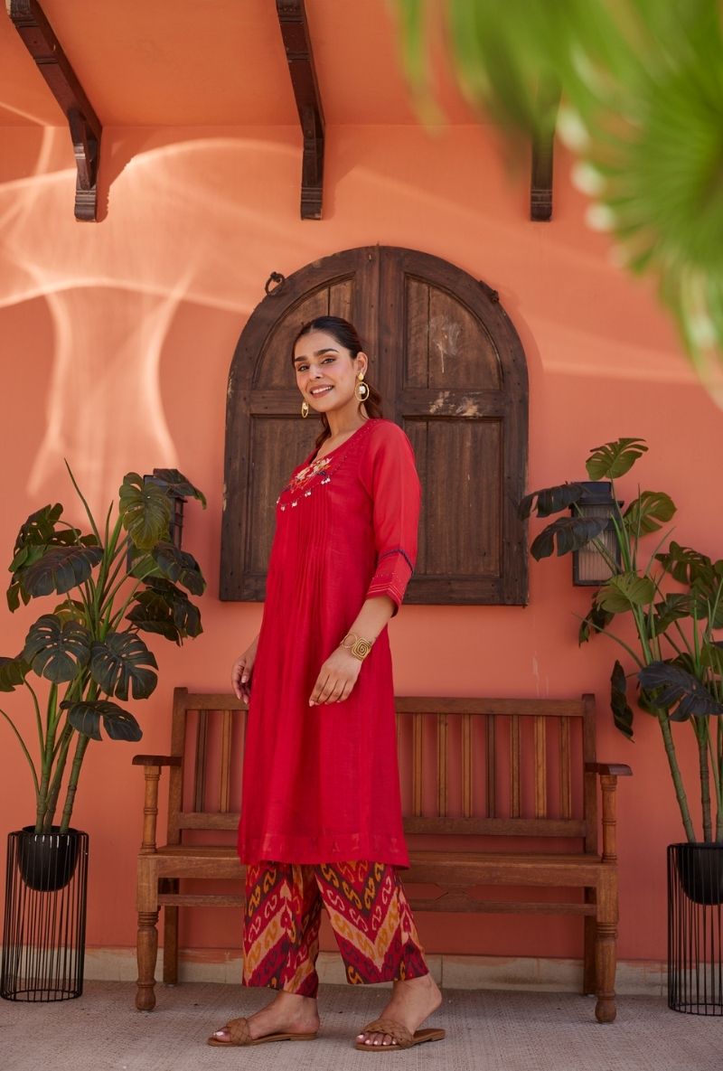 Red Anaar Butta Embroidered Yoke  Maeri Kurta Set