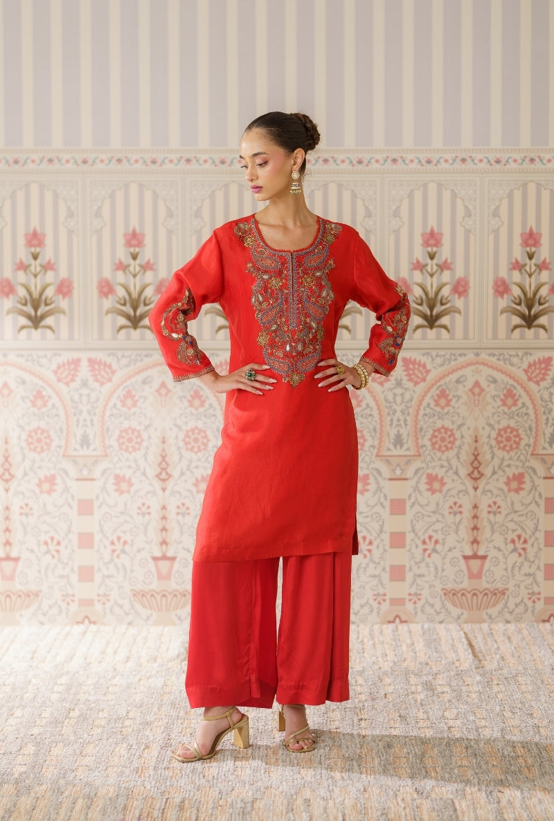 Rust Dabka Long Yoke Mallika Kurta Set