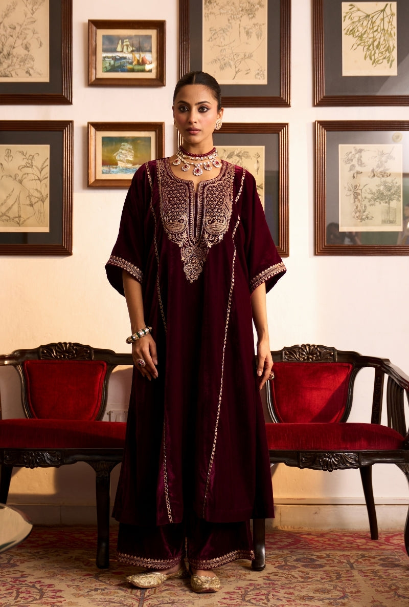Wine Choga Style Panneled Dilbar Kurta Set