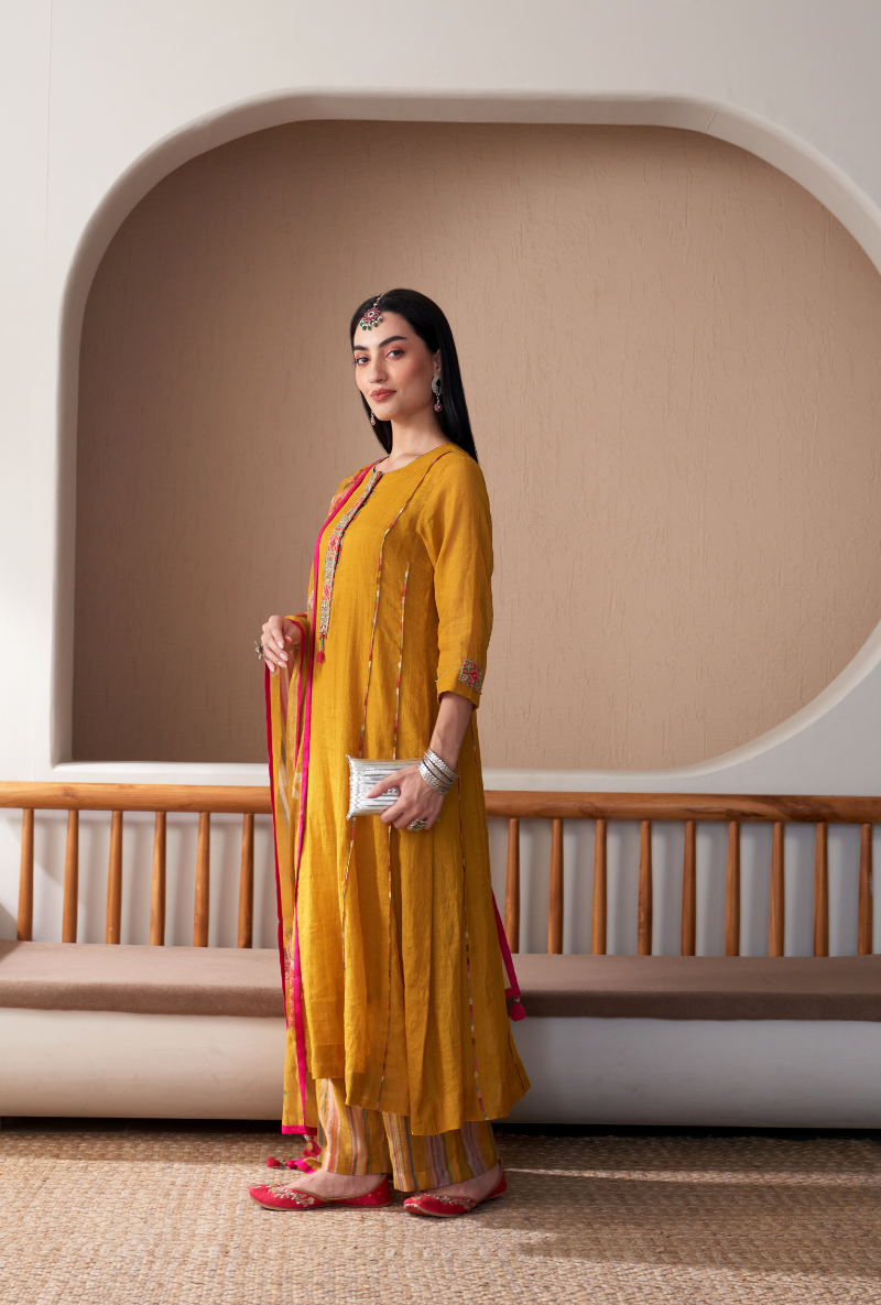 Mustard Embroidered Placket Bageecha Anarkali Set