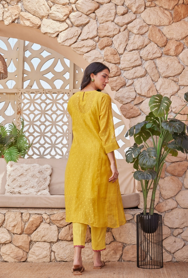 Yellow Thread Motif Yoke Tarini Kurta Set