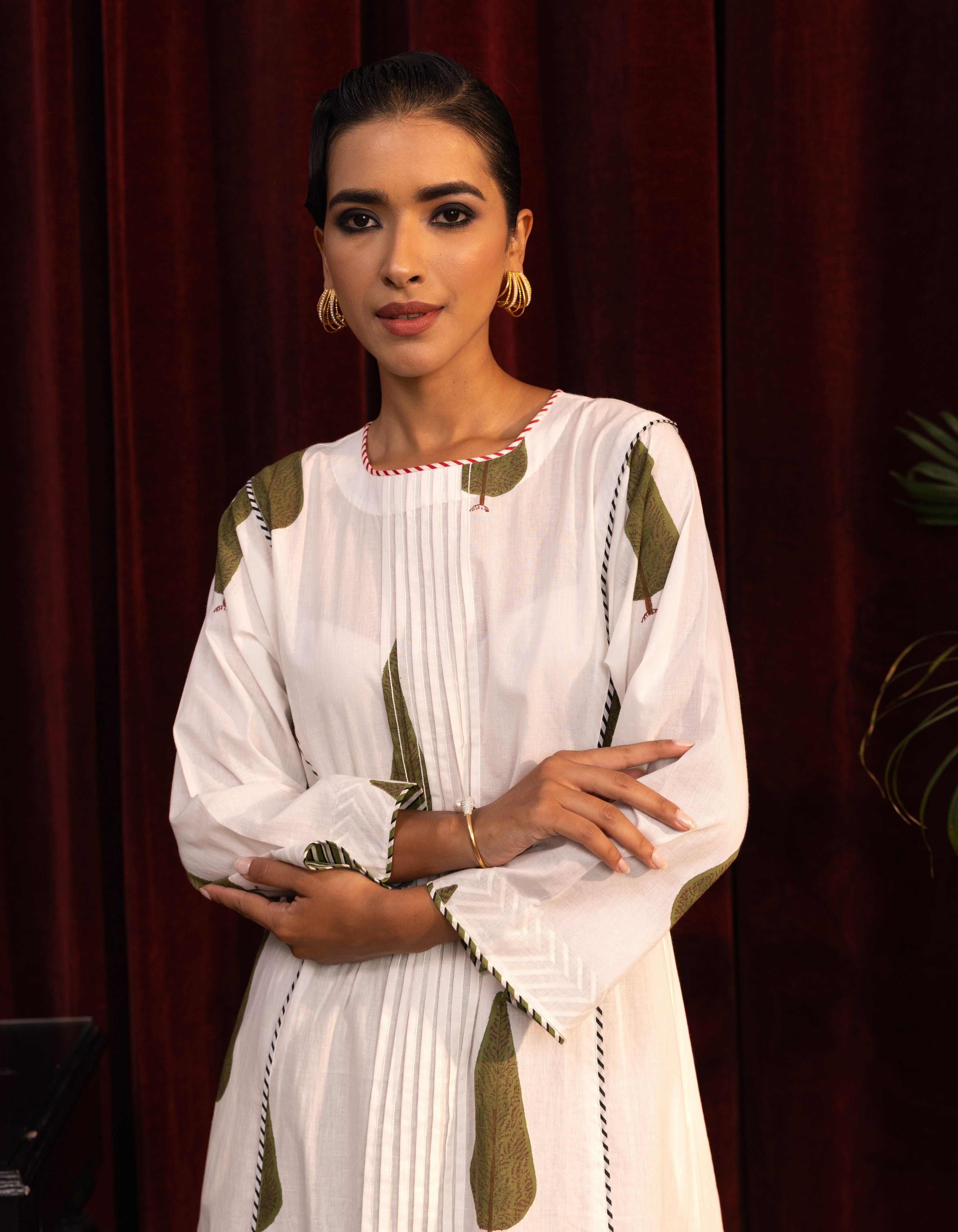 White Cypress Leaf and Stripes Print Mogra Kurta Set