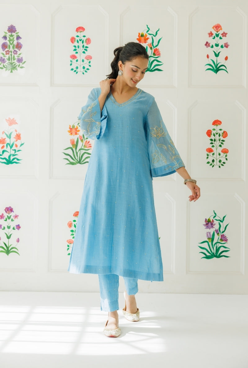 Light Blue Pitta Work Sleeve Baani Kurta Set
