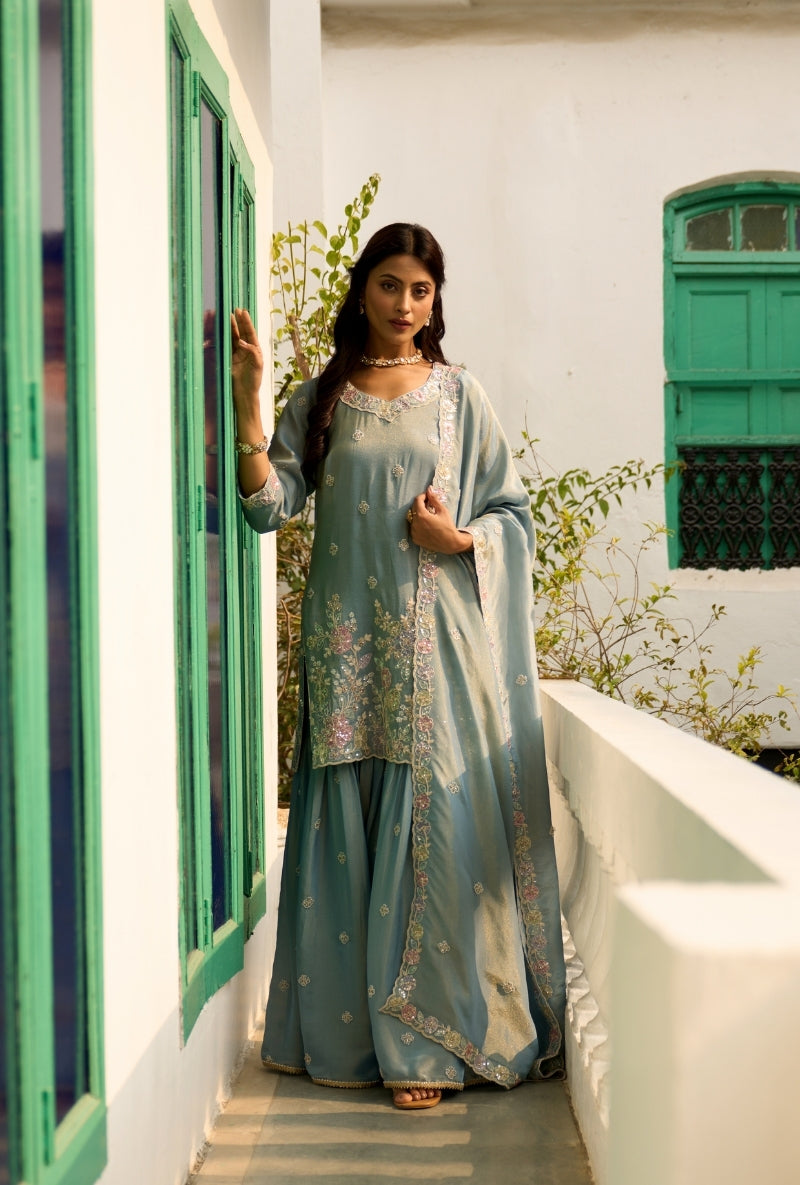 Light Blue Floral Thread Embroidery Nadira Sharara Set