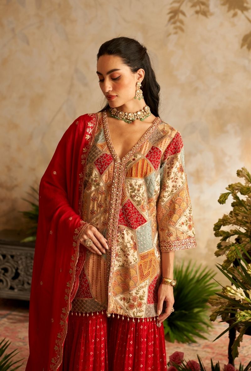 Red Abstract Embroidery Patches Rumi Gharara Set