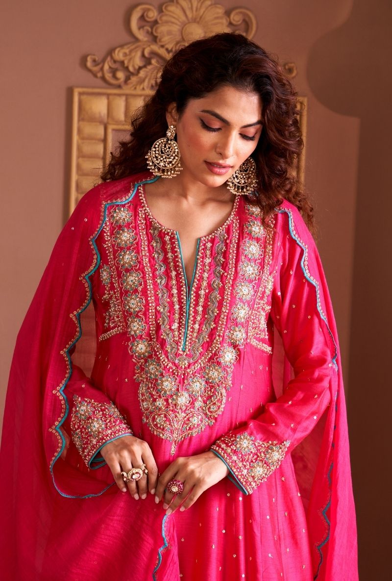 Pink Heavy Yoke Rasia Kurta Set