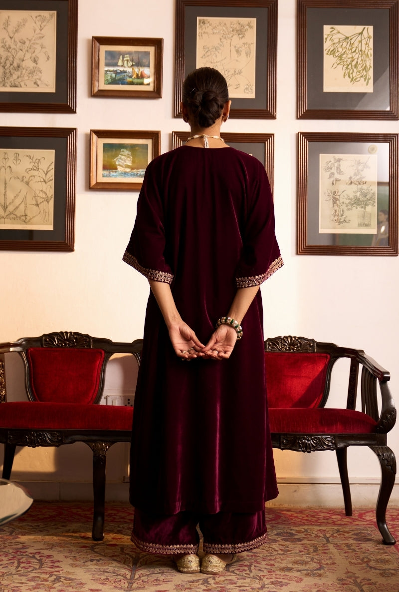 Wine Choga Style Panneled Dilbar Kurta Set