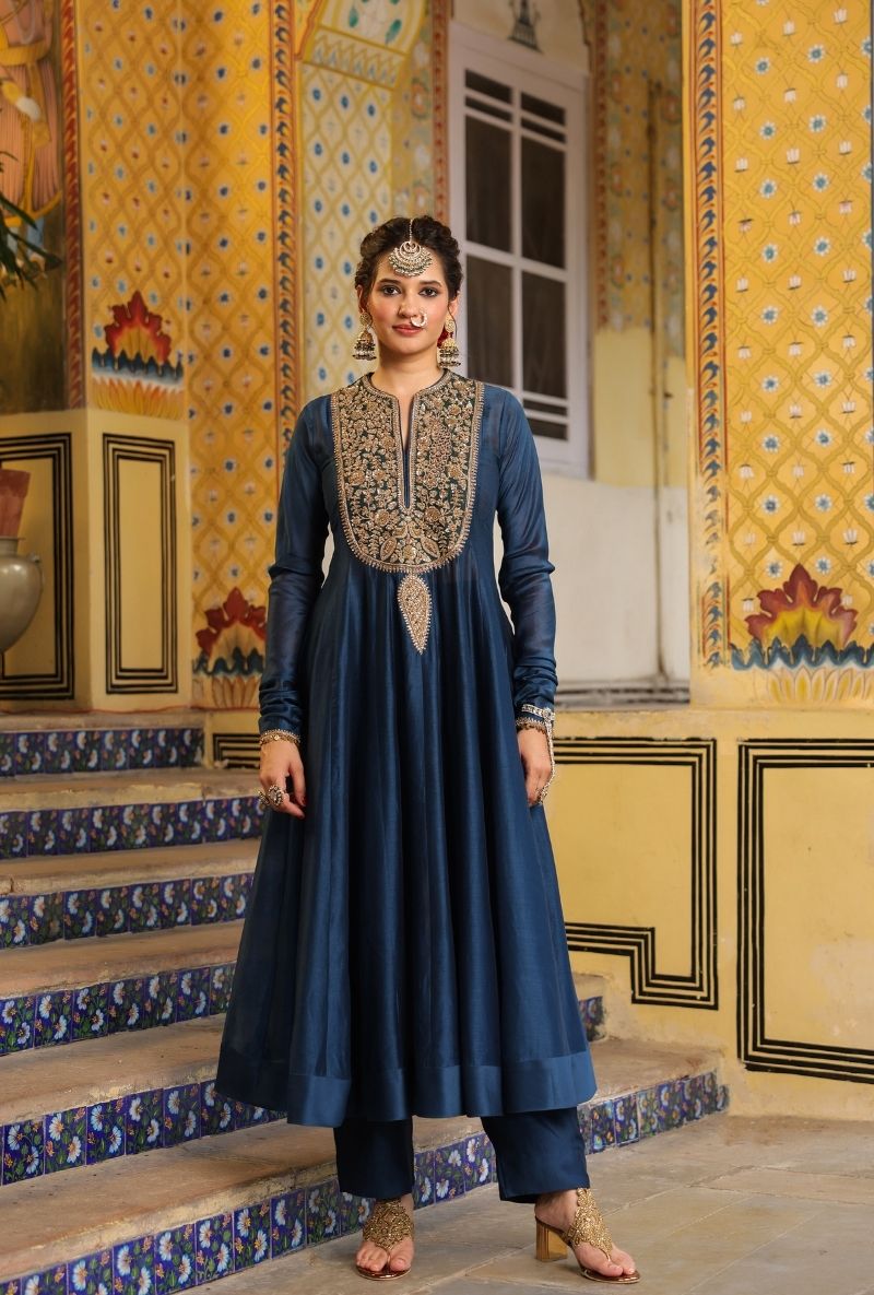 Blue Heavy Yoke Mehfil Anarkali Set