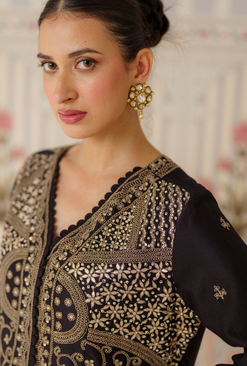 Black Heavy Embroidered Mallika Jacket Set