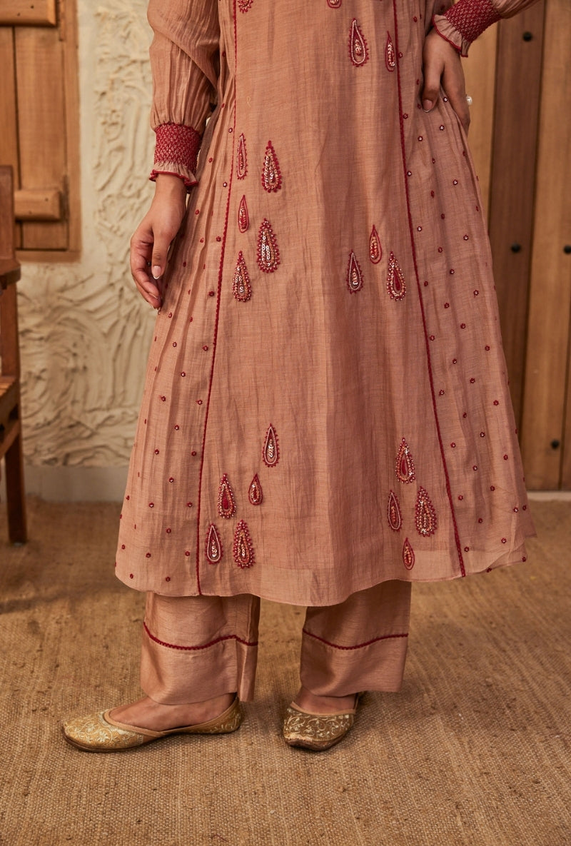 Old Rose Red Thread Work Side Gather Aadhya Anarkali Set