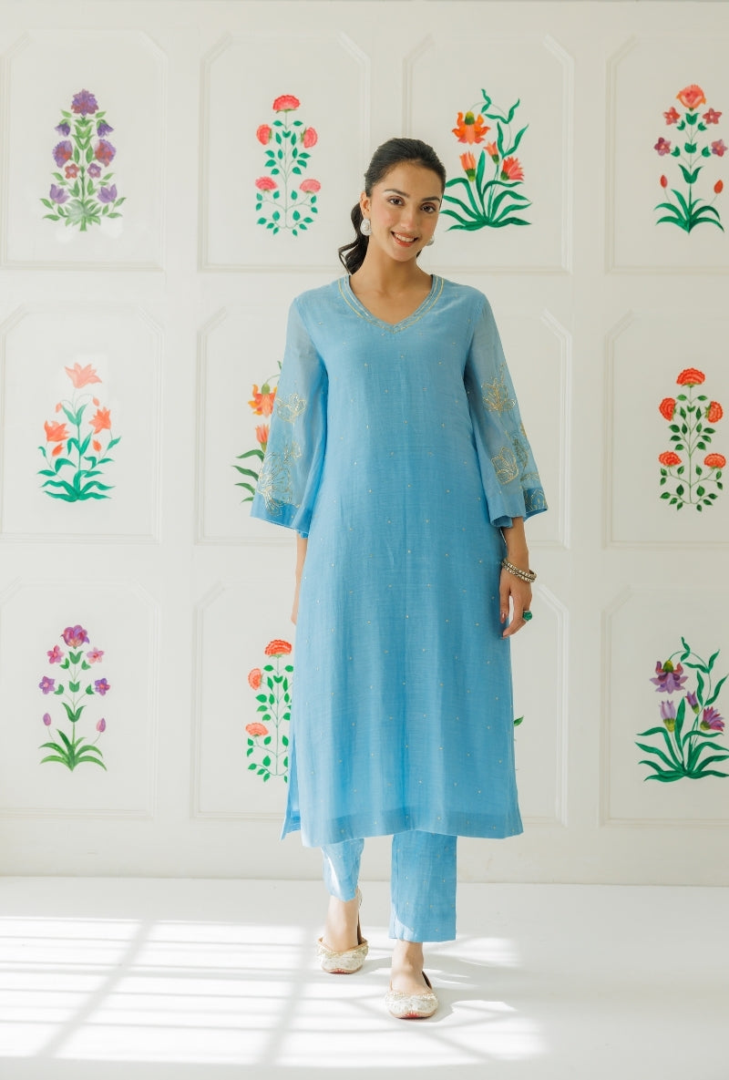 Light Blue Pitta Work Sleeve Baani Kurta Set