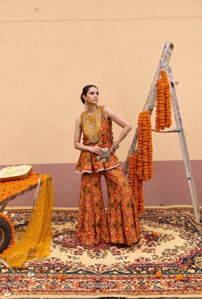 Yellow Patola Short Kali Oorja Sharara Set