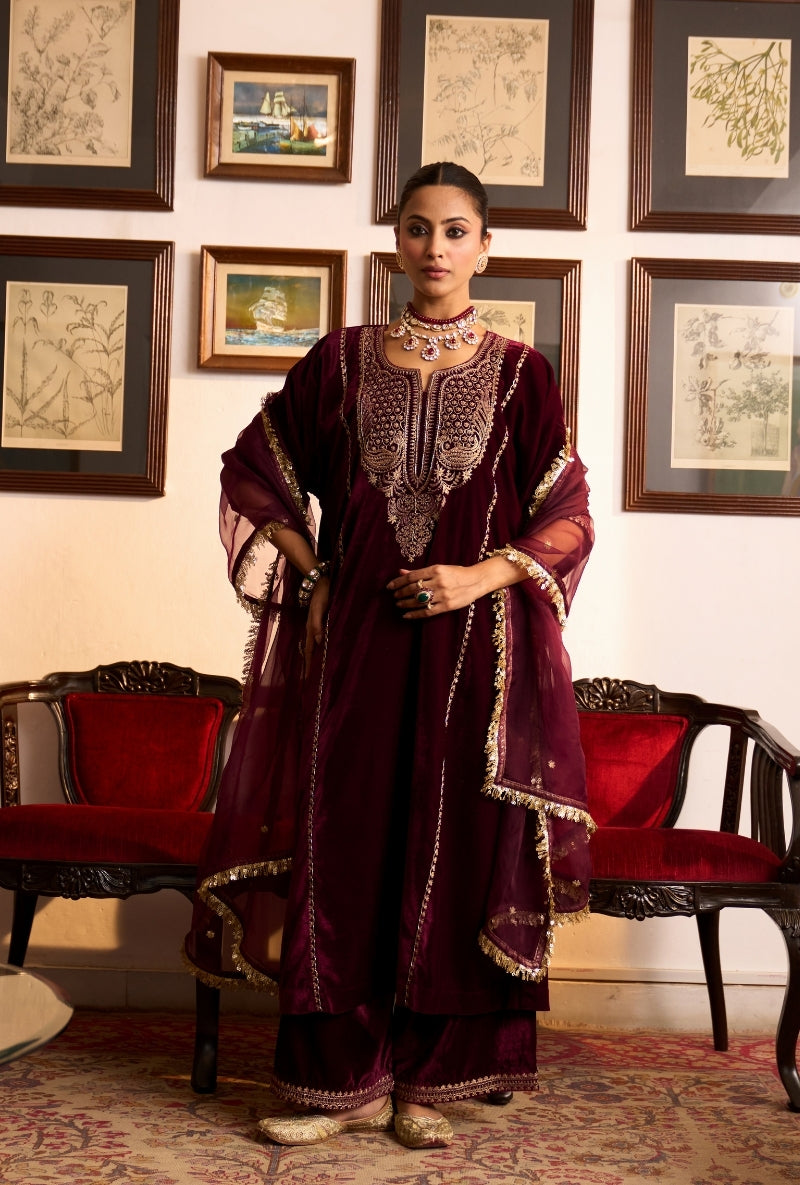 Wine Choga Style Panneled Dilbar Kurta Set