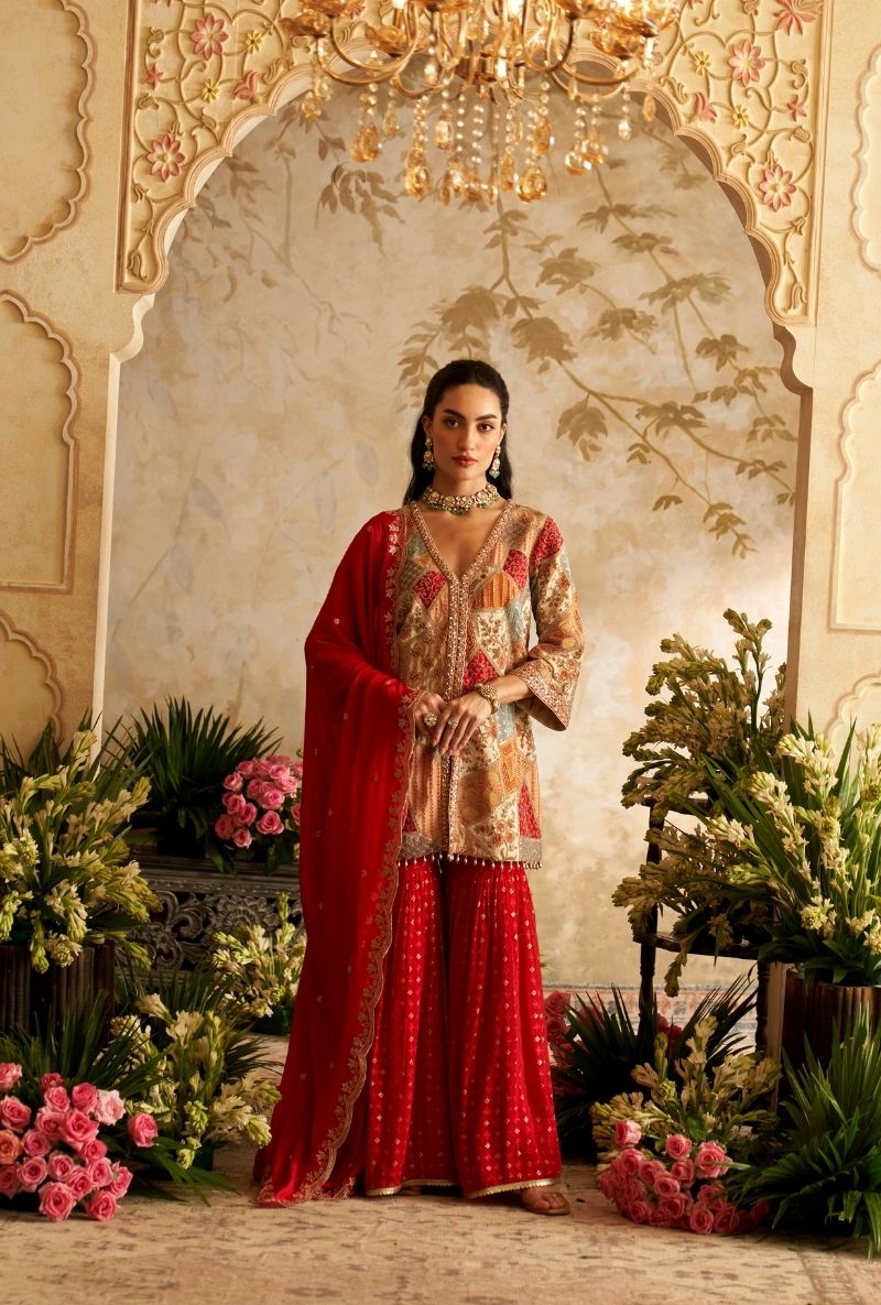 Red Abstract Embroidery Patches Rumi Gharara Set