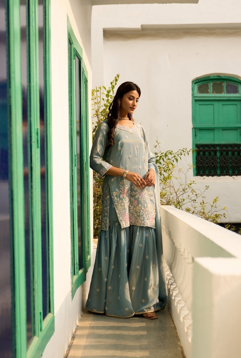 Light Blue Floral Thread Embroidery Nadira Sharara Set