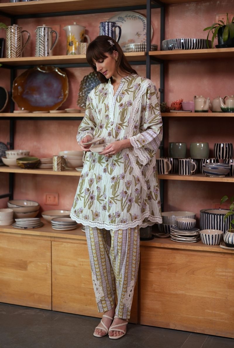 Ivory Handblock Print Raisa Tulip Salwar Set