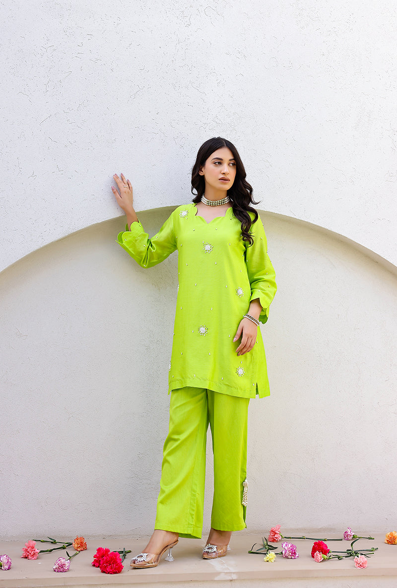 Green Scalloped Pearl Embroidered Magnolia Short Kurta Set