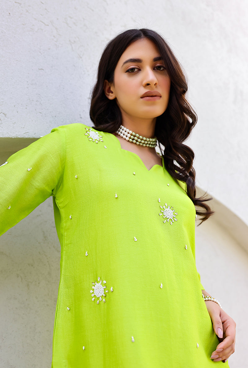 Green Scalloped Pearl Embroidered Magnolia Short Kurta Set