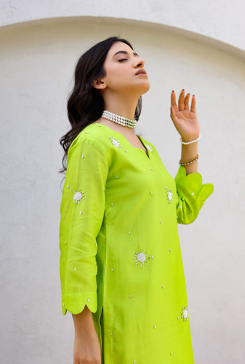 Green Scalloped Pearl Embroidered Magnolia Short Kurta Set