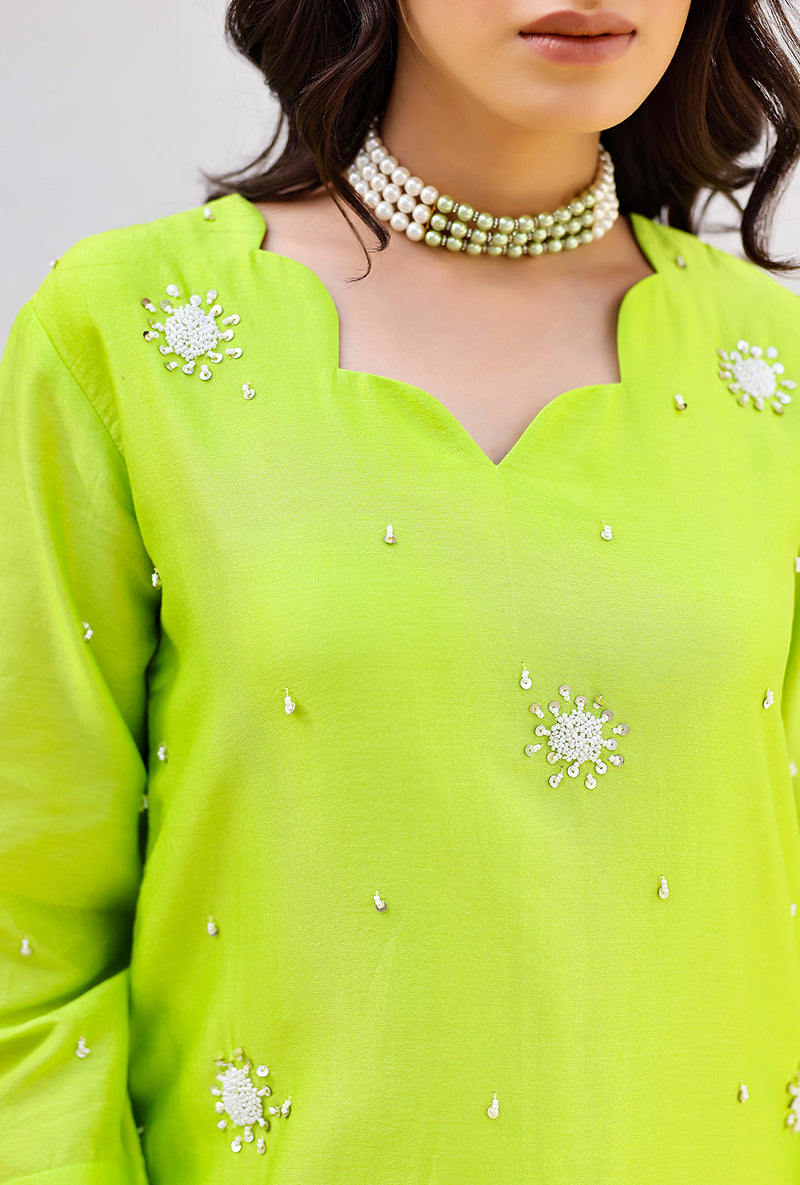 Green Scalloped Pearl Embroidered Magnolia Short Kurta Set